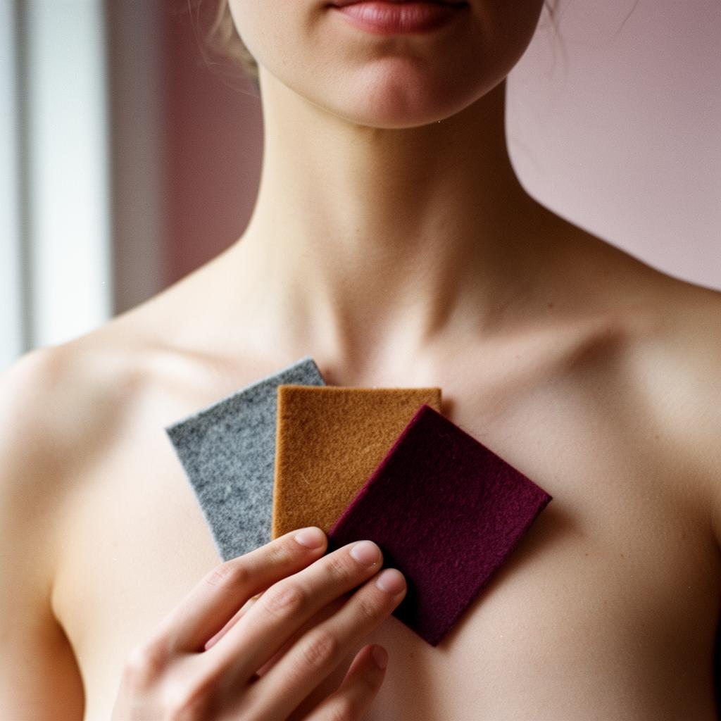 Fabric swatches in slate, camel, wine, and ivory held against a woman's collarbone in soft daylight