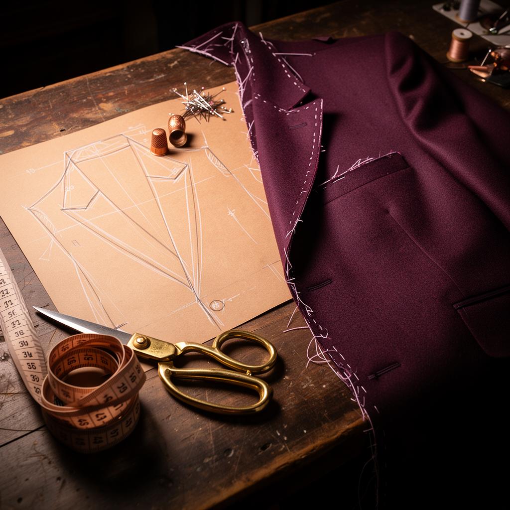 A tailor's worktable with chalk-marked pattern paper, brass shears, measuring tape, and an aubergine jacket shell in progress